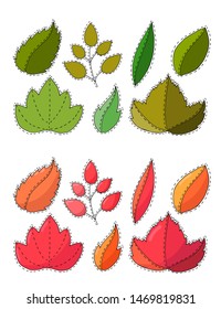 Two sets of different colored (summer and autumn or fall colors) hand drawn leaves with seam in doodle style. Isolated colorful vector illustration on white background
