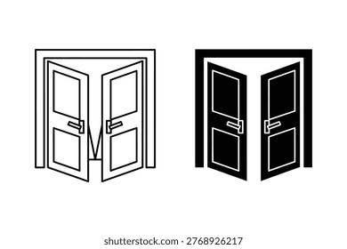 Two sets of double doors are shown open, one as a line drawing and the other as a solid silhouette. Ideal for concepts of opportunity, choice, or entry.