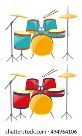 Two sets of drumset in blue and red illustration