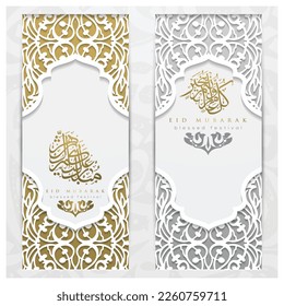 Dos juegos de Eid Mubarak Saludando el diseño vectorial de patrones florales islámicos con hermosa caligrafía árabe para fondo, cartel, carta, papel pintado, portada, volante. Traducción de texto : FESTIVAL ACOGIDO