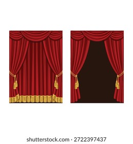 Two sets of elegant red velvet curtains, one closed and one open, revealing a dark stage. Both feature ornate gold tassels and trim.