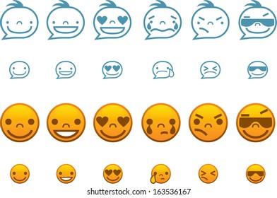 two sets of emoticons in two standard smiley sizes for your website or chat room isolated on white