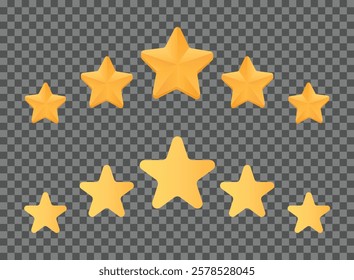 Two sets of five golden stars arranged in ascending order on a transparent background showcasing excellence and ratings. Vector illustration.