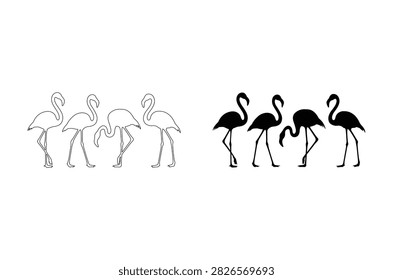 Two sets of flamingo depictions are shown: one as black silhouettes and the other as white line drawings, both on
