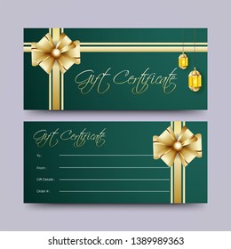 Two sets of gift certificate card design with decoration of golden color bow strip on green background.