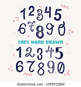 Two sets of hand drawn lettering figures from one to nine and zero. Calligraphic numerical symbols 1234567890 with doodle elements. Vector illustration with isolated characters handwritten in ink