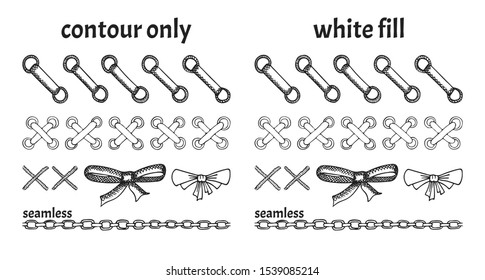 Two sets of hand drawn shoelaces, cords, bows, threads and seamless chains in doodle style in different versions: contour only and black contour with white fill. Decorative isolated cartoon vector ill