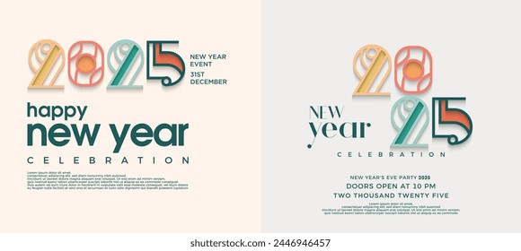 Two Sets of Happy New Year 2025. Celebration vector design with unique and beautiful line numbers. Design with meaning for calendars, cards and social media posts.