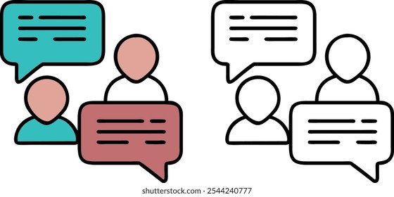 Two sets of icons representing communication with people and speech bubbles. One set is in color, the other is in outline.