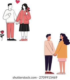 Two sets of illustrations depict couples holding hands, symbolizing love and connection in a minimalist, modern style.
