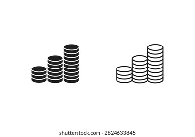 Two sets of increasing stacked coin icons in black and white