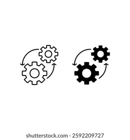 Two sets of interlocking gears with arrows indicating rotation.process gear icon. Suitable for engineering, technology, teamwork and industrial concepts in design projects.