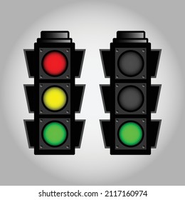 Two Sets Of LED Traffic Lights Showing Sequence All Light, Amber Or Green Lights With Additional Sections On Transparent Background. The Rules Of The Road. Vector Illustration.