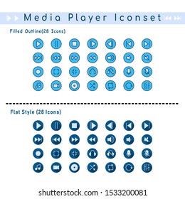 Two sets of media player badge icons. With filled outline and flat style