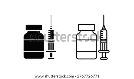 Two sets of medical vials and syringes displayed in black outline and solid styles