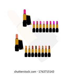 Zwei Sätze mehrfarbiger Lippenstiche, rosafarbene und braune Farbtöne in schwarzem Gehäuse. Vektorgrafik