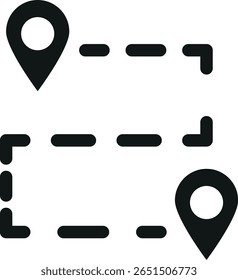 Dois conjuntos de ícones de navegação com um marcador de local inicial e final conectado por linhas tracejadas, ilustrando caminhos direcionais anteriores e posteriores em um conceito de rota ou viagem.