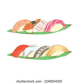 Two sets of nigiri sushi served on flat banana leaves. Sushi with fish and nori.