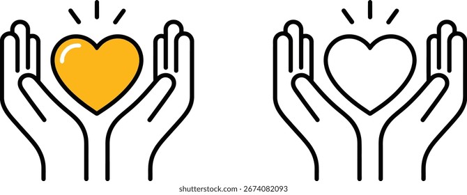 Dois conjuntos de mãos abertas berço corações brilhantes, um dourado e vibrante, o outro delineado e radiante, representando compaixão e apoio.