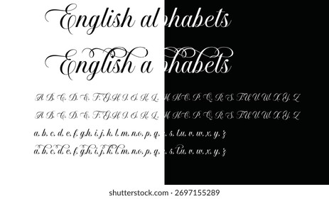 Dois conjuntos de alfabetos ingleses ornamentados, um sobre um fundo branco e o outro em preto, apresentando estilos de caligrafia elegantes.