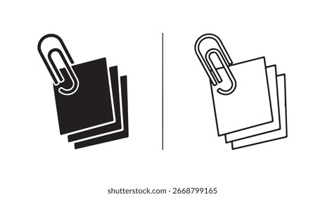 Dois conjuntos de papel com um clipe de papel fixado, um em preto e branco, o outro em forma de contorno.