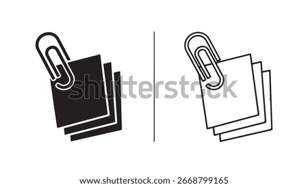 Two sets of paper with a paperclip attached, one in black and white, the other in outline form.