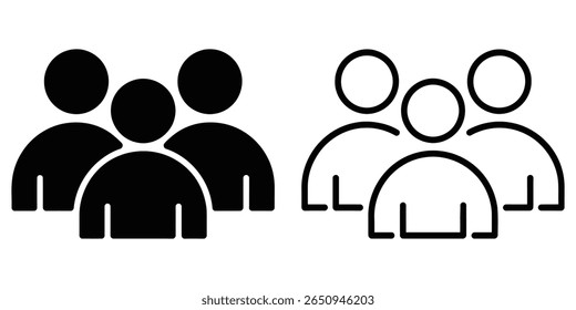 Dois conjuntos de ícones de pessoas apresentando um grupo com formas preenchidas e um grupo contornado em linhas. Simbolizando unidade, colaboração e interação social.