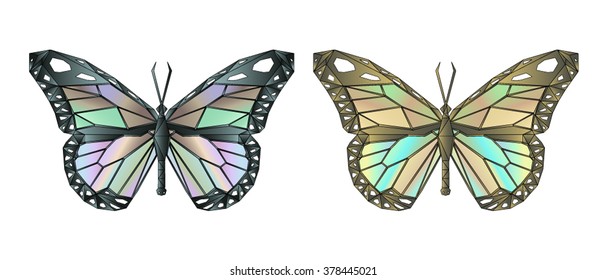 Two sets of polygonal mosaic flying butterflies. Pastel tones. 