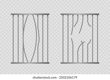 Dos Conjuntos De Barras Penitenciarias, Una Doblada Y La Otra Rota, Aisladas Sobre Un Fondo Transparente. Vector 3d realista