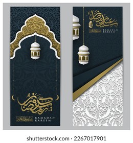 Dos juegos de Ramadan Kareem saludando el diseño de vectores islámicos de ilustración con caligrafía árabe y linternas para fondo, tapiz, cartel, cubierta y tarjeta. Traducción De Texto: FESTIVAL ACOGIDO