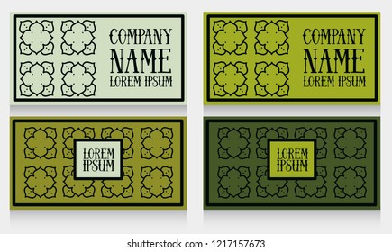 Two sets of templates for business cards with abstract ornate, can be used for organic shop, green palette, vector illustration