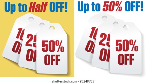 Two sets of three discount price tags 10 25 and 50 percent off sale