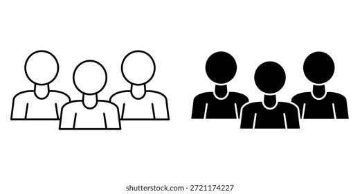 Two sets of three person icons, one in outline and one in solid black silhouette, representing a group or team.