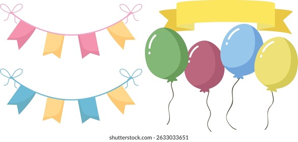 dois conjuntos de bandeiras triangulares, comumente usadas para decorações. Um conjunto é em rosa pastel e amarelo, e o outro em azul pastel e amarelo. Abaixo das bandeiras há um conjunto de três balões