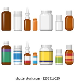 Two sets of various medicine vial in a row. Vector illustration.