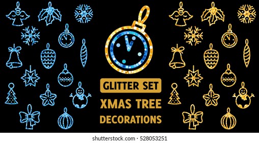 Two sets with Xmas and new year tree decorations. Blue and yellow glitter. Flat colors only.