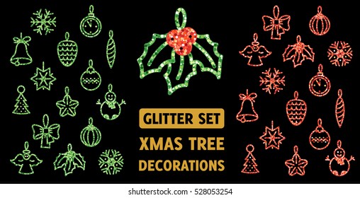 Two sets with Xmas and new year tree decorations. Green and red glitter. Flat colors only.