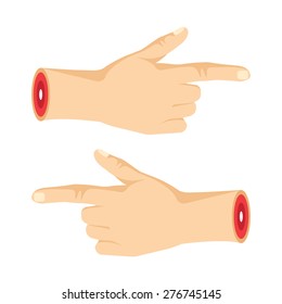 Two severed pointng hands with pointing fingers. Creative modern graphic design concept. Navigation signs. Vector illustration isolated on white background.