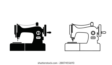Two sewing machine depictions in black and white, presented as a solid silhouette and a line drawing, showcasing a distinctive