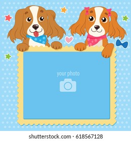 Two Shaggy Dogs With Vector Photo Frame. Decorative Template For Baby, Family Or Memories. Children'S Photo Framework. Scrapbook Vector Illustration.