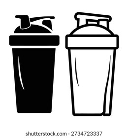 Two shaker bottles with lids, one black and one white, standing side by side.