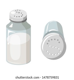 two shakers with salt: one is shown frontally, the second lies on the plane