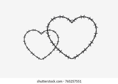 Two Shapes of Heart. Vector Silhouette of Barbed Wire. Isolated