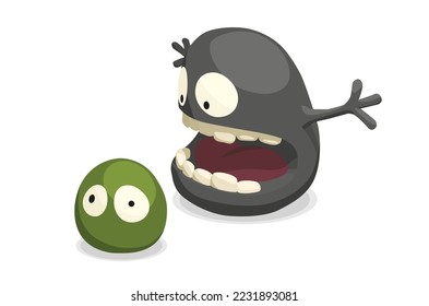 Two shapes that look like drops in a cartoon style. The gray figure scares the green one.