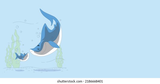 Two Shark In Ocean Playing Together. Baby Shark And Mother Shark In Sea. Vector Illustration. Cartoon Ocean Fish Character. Comic Sharks Emotions. Shark Fish Mascot. Sharks For Baby, Kids And Family.