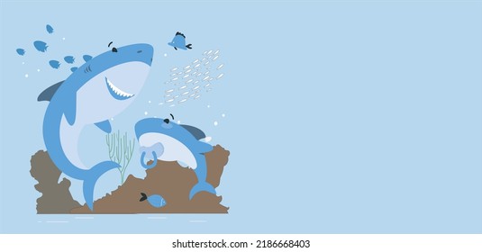 Two shark in ocean playing together. Baby shark and mother shark in sea. vector illustration. Cartoon ocean fish character. Comic sharks emotions. Shark fish mascot. Sharks for baby, kids and family.