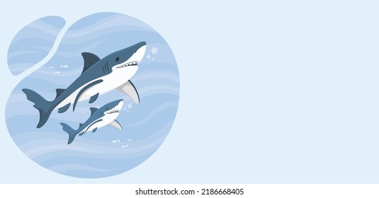 Two Shark In Ocean Playing Together. Baby Shark And Mother Shark In Sea. Vector Illustration. Cartoon Ocean Fish Character. Comic Sharks Emotions. Shark Fish Mascot. Sharks For Baby, Kids And Family.