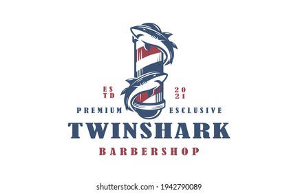 Two Shark's Barbershop Premium Logo Design - Vector illustration on white background.