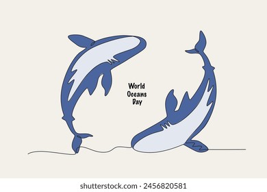 Two sharks. Colored. World ocean day concept one-line drawing