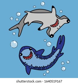 Two sharks floating around. Sharks swim in the ocean. Vector stock illustration.